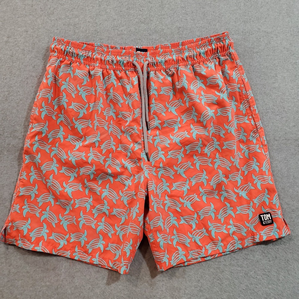 Tom‎ & Teddy Mens Swim Trunks Orange Blue Turtle AOP Size XL